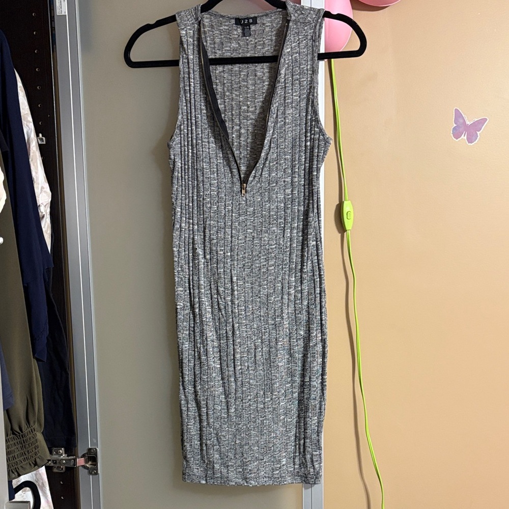 Gray halter Short Ribbed Dress with zipper neck
